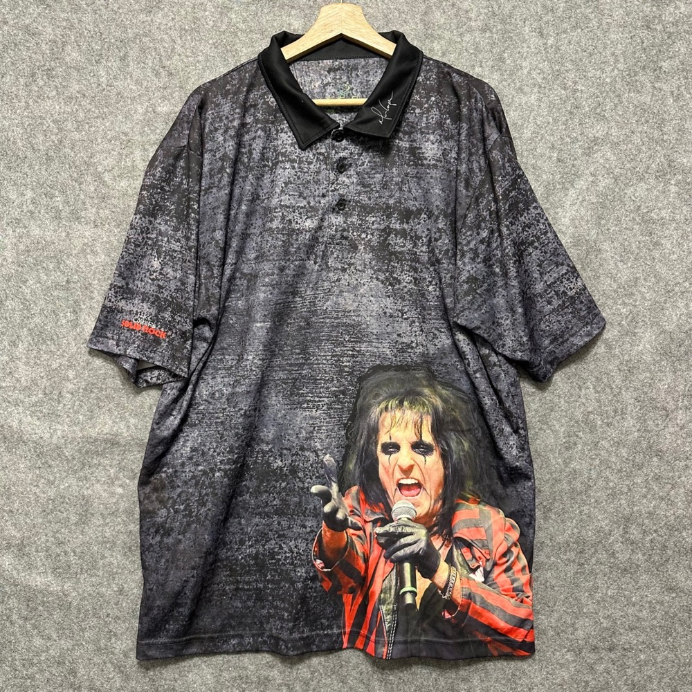 F.S.P. Alice Cooper Solid Rock Polo‎ Shirt Mens 2XL Gray Band Tee Performance